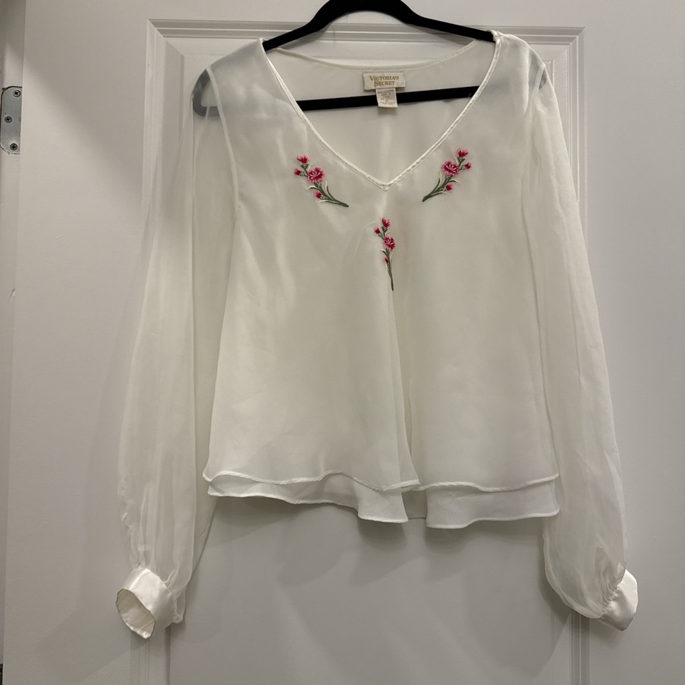 Victoria's Secret Sheer White Blouse with Floral Embroidery